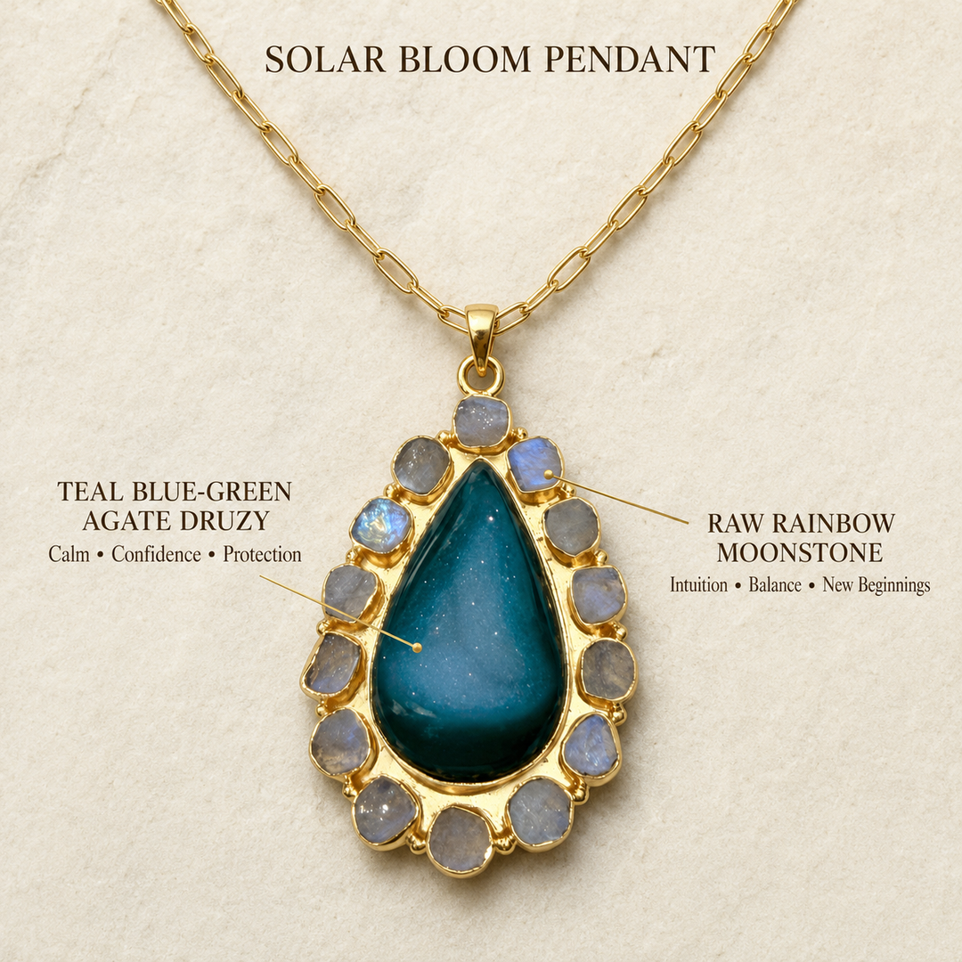 Teal Agate Druzy statement necklace with natural Rainbow Moonstone gemstones