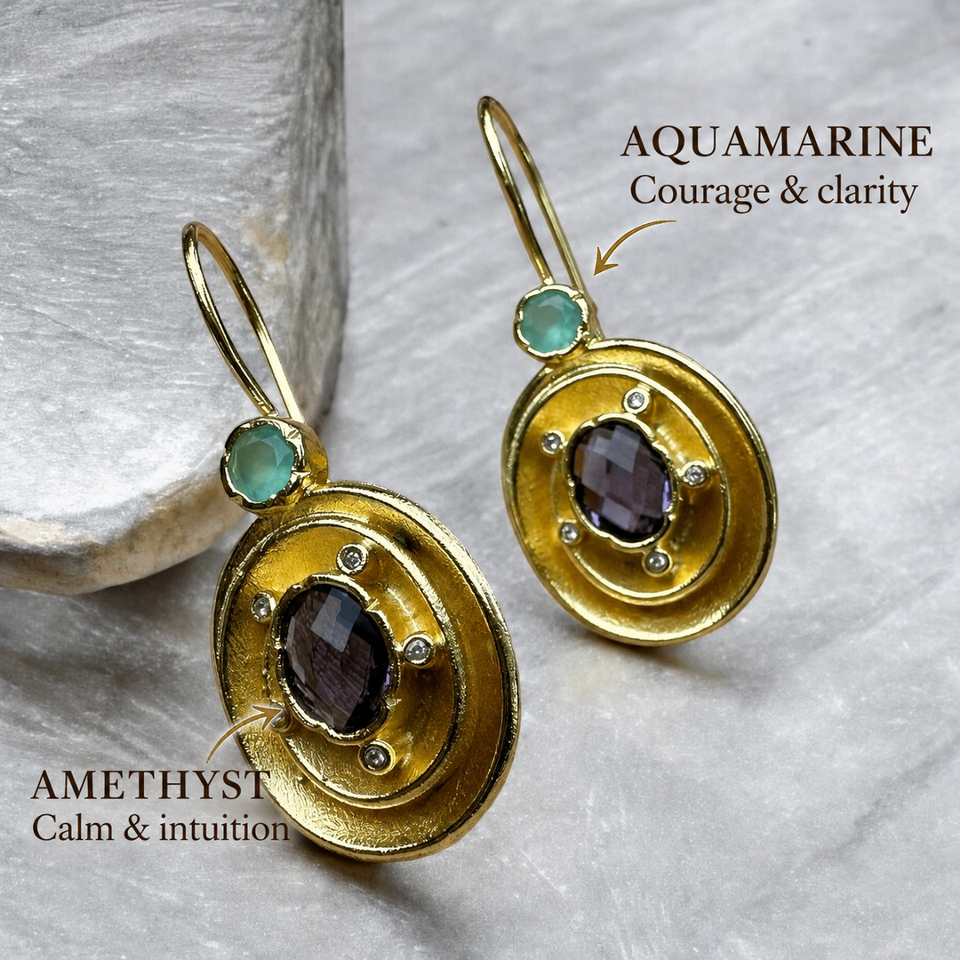 Celestial Siren Earrings – Amethyst & Aquamarine Gold-Plated Statement Earrings