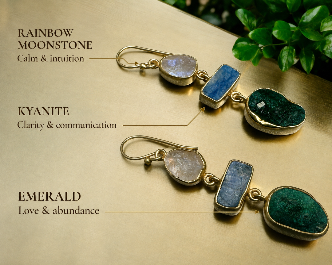 **Ethnic Allure Gold & Silver Earrings with Emerald, Kyanite & Rainbow Moonstone*