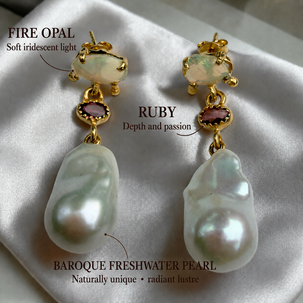 Fire Opal, Ruby & Baroque Pearl Drop Earrings