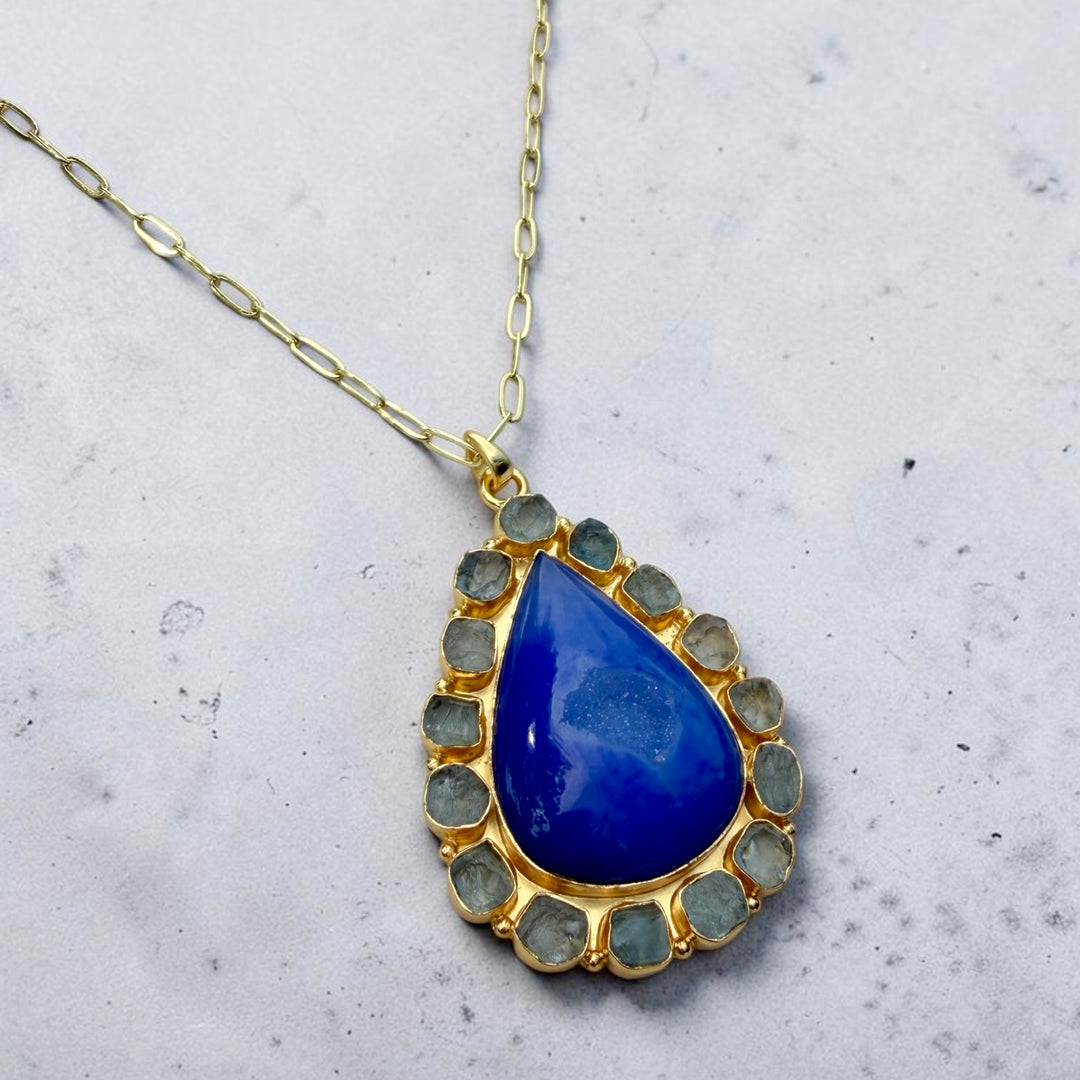Solar Bloom Pendant – Deep Ocean Blue Agate Druzy & Natural Raw Aquamarine