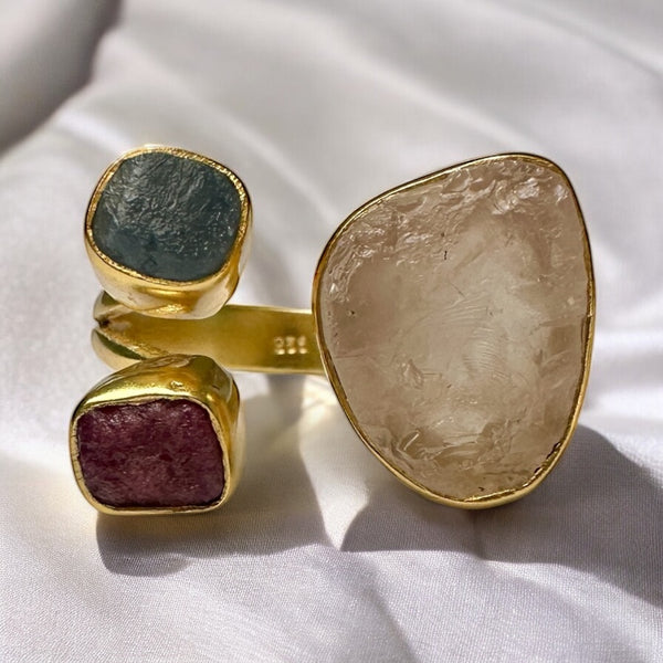 Trinity of Her Heart Rose Quartz, Aquamarine And Ruby Ring