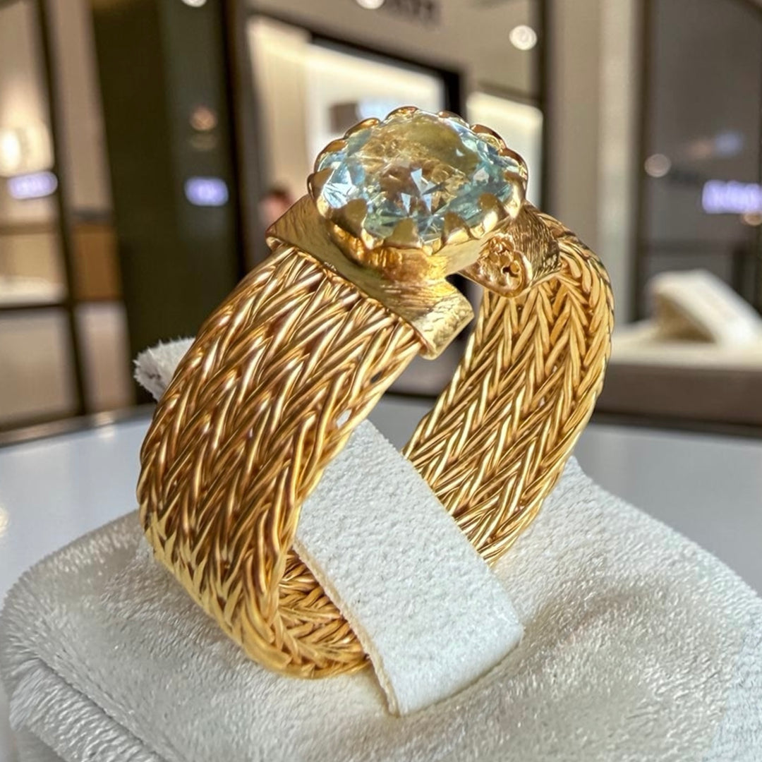 Aquamarine Statement Ring – Handmade Woven Chain 18K Gold Plated Sterling Silver