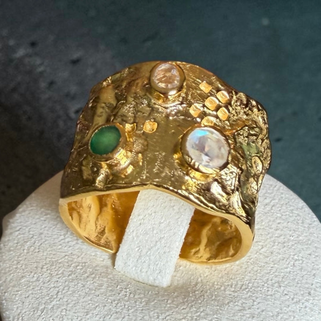 One-of-a-Kind Emerald, Moonstone & Diamond Statement Ring in Gold-Plated Sterling Silver