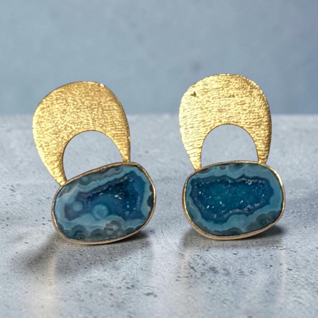 Temple Druzy Earrings in Blue, Pink, Black & White | 18k Gold Plated Statement Earrings