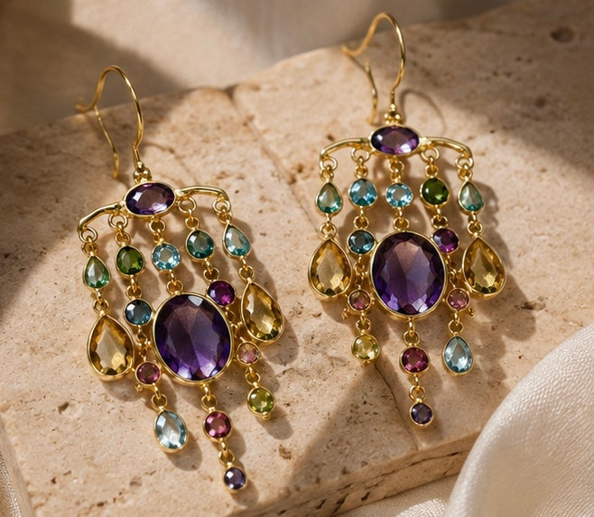 Zarif Amethyst & Mixed Gemstone Chandelier Earrings