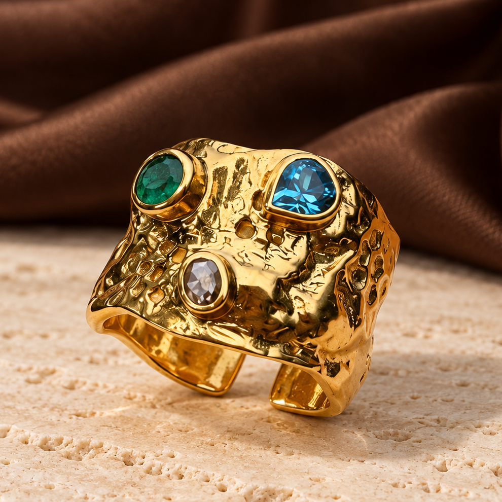 Golden Relic Ring | Blue Topaz, Emerald & White Topaz