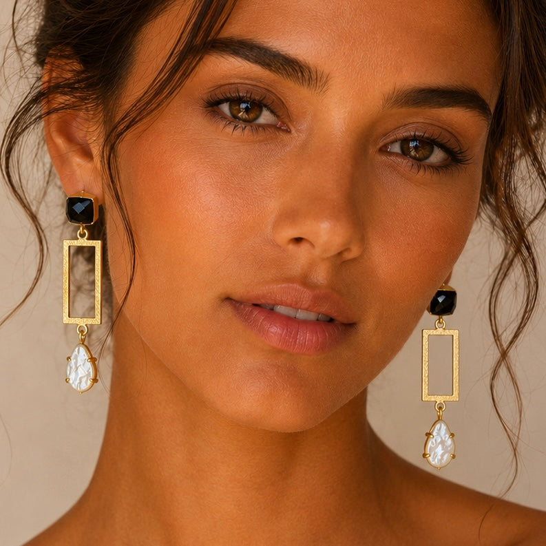 Noir Serenity Black Obsidian and Mother of Pearl gold statement earrings by DanAmara Jewellery