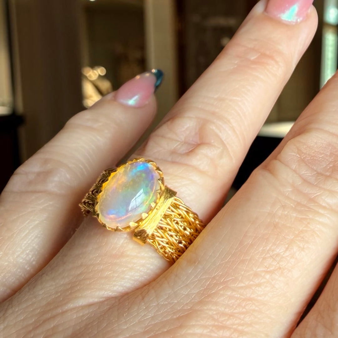 Fire Opal Statement Ring – Handmade Woven 18K Gold Plated Sterling Silver
