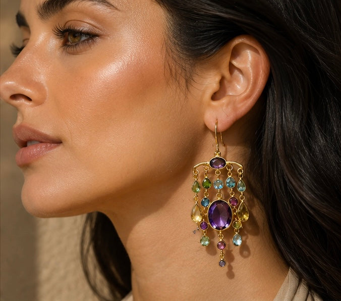 Zarif Amethyst & Mixed Gemstone Chandelier Earrings