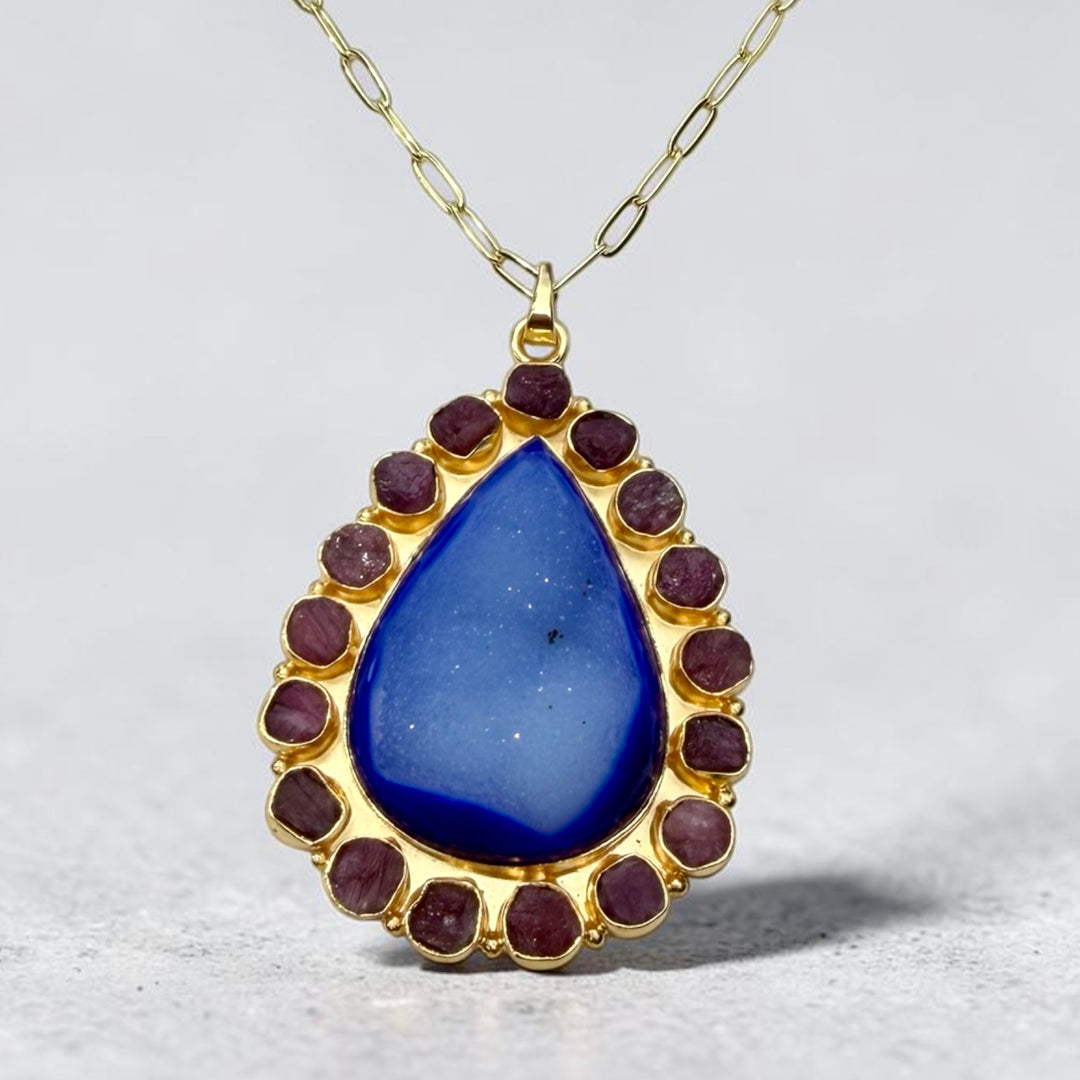 Solar Bloom Ocean Blue Agate Druzy & Amethyst Pendant Necklace