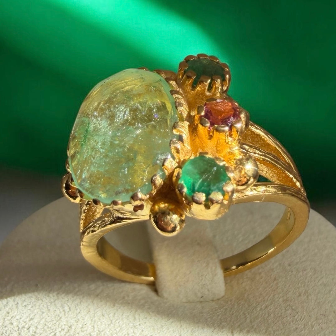 One-of-a-Kind Peridot, Emerald & Ruby Statement Ring – 18K Gold Plated Sterling Silver
