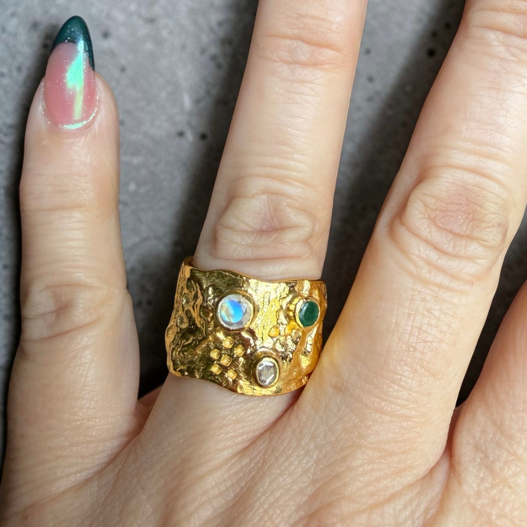 One-of-a-Kind Emerald, Moonstone & Diamond Statement Ring in Gold-Plated Sterling Silver
