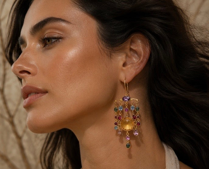 Zarif Natural Gemstone Chandelier Earrings