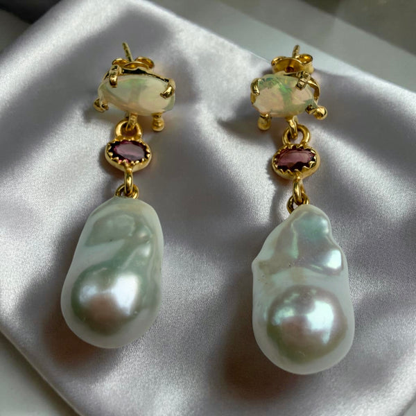 Fire Opal, Ruby & Baroque Pearl Drop Earrings – 18K Gold Plated Sterling Silver Statement Earrings