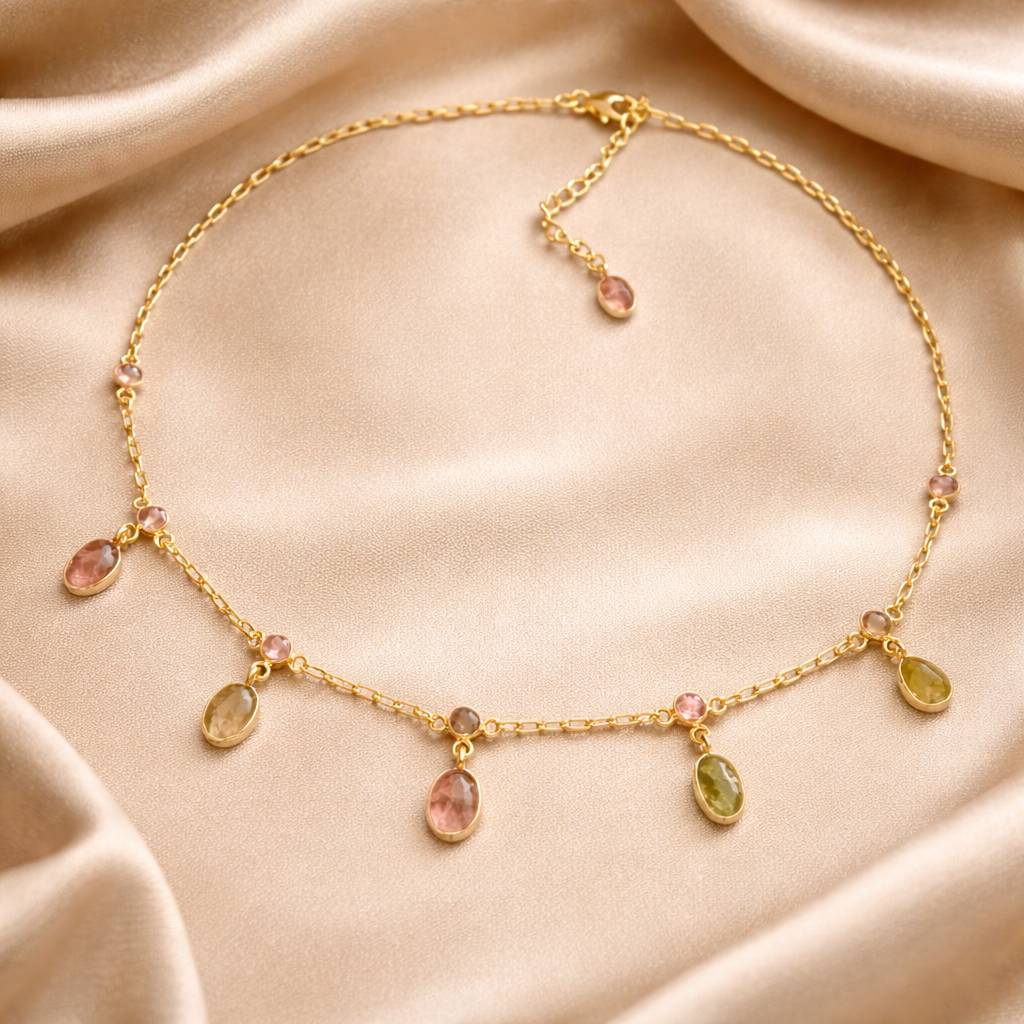 Pastel Tourmaline Drop Necklace – 18K Gold Plated Sterling Silver, Pink & Green Natural Gemstone Charm Necklace