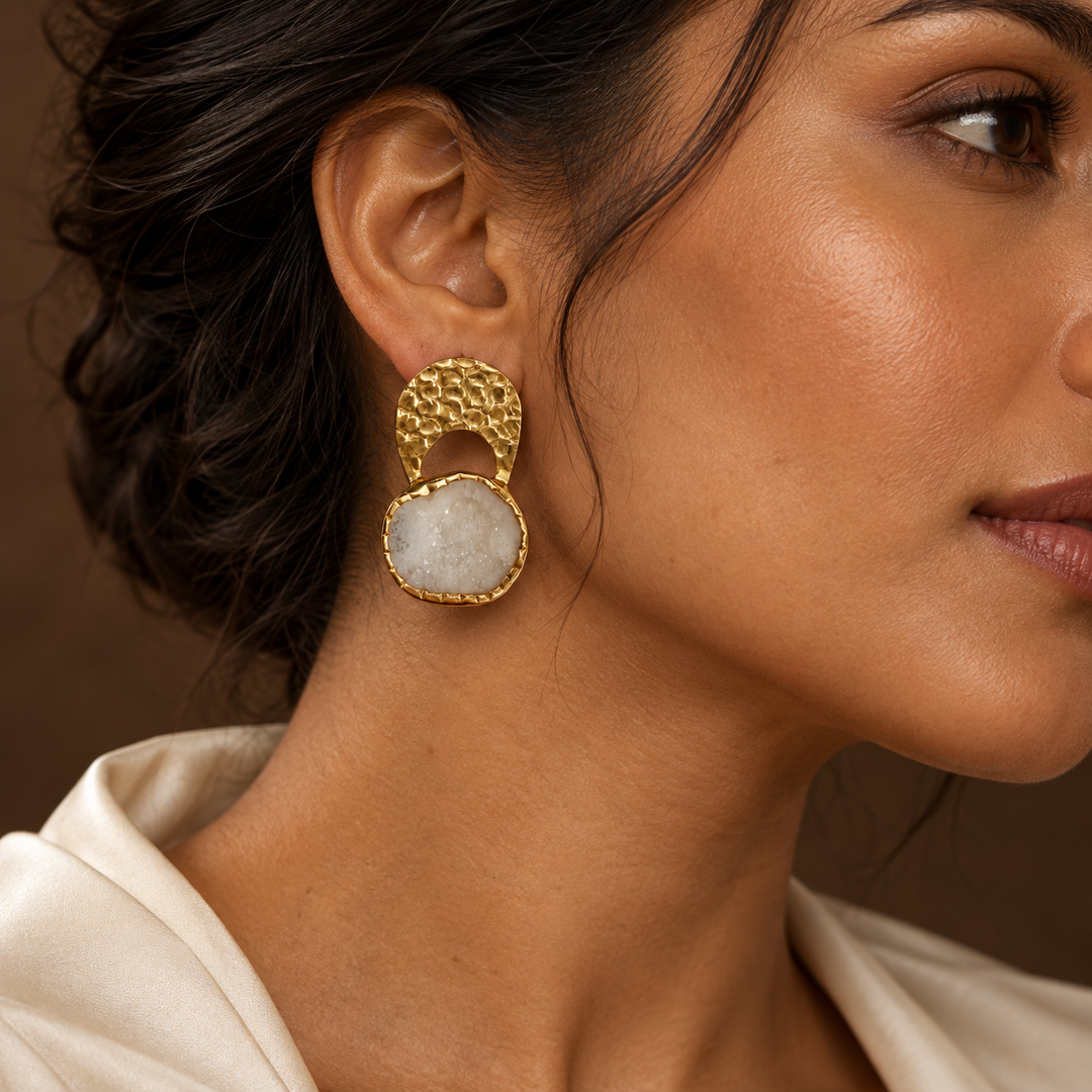 Byzantine Gold Hammered Agate Druzy Earrings | White Agate