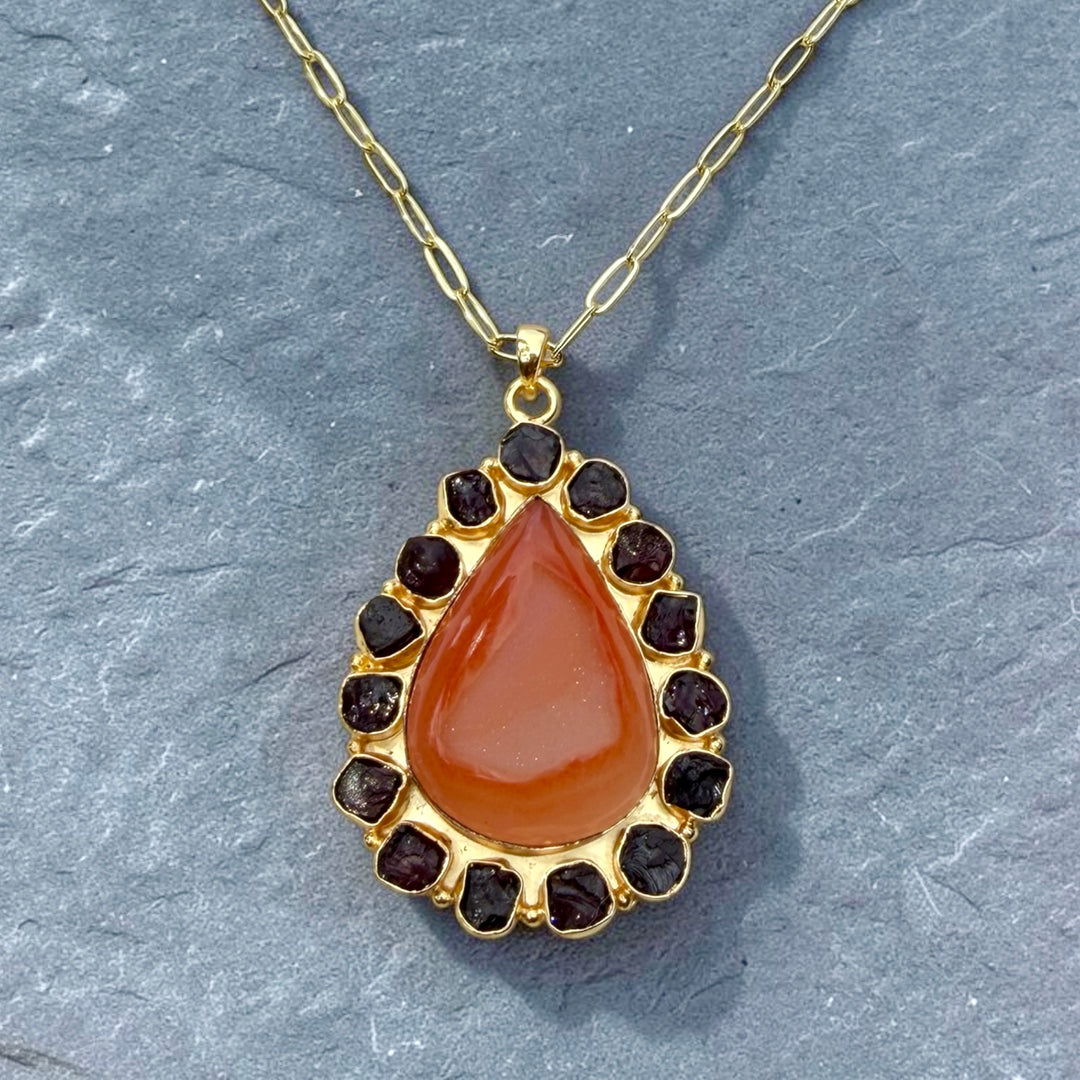 Solar Bloom Peach Agate Druzy & Garnet Statement Necklace