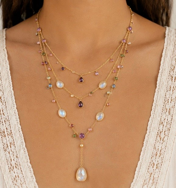 Zarif Three-Layer Amethyst, Rainbow Moonstone & Tourmaline Necklace