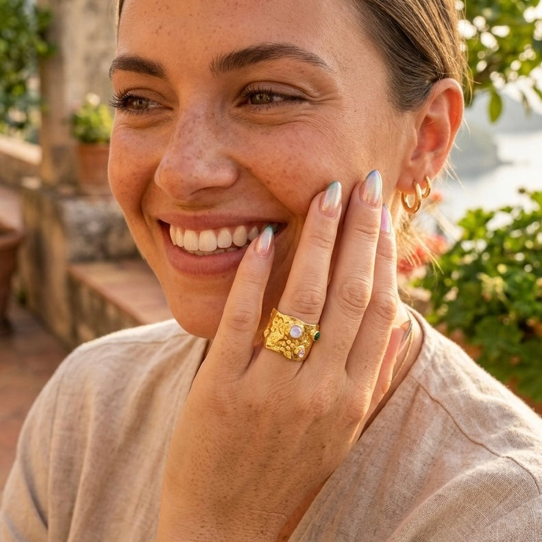 One-of-a-Kind Emerald, Moonstone & Diamond Statement Ring in Gold-Plated Sterling Silver