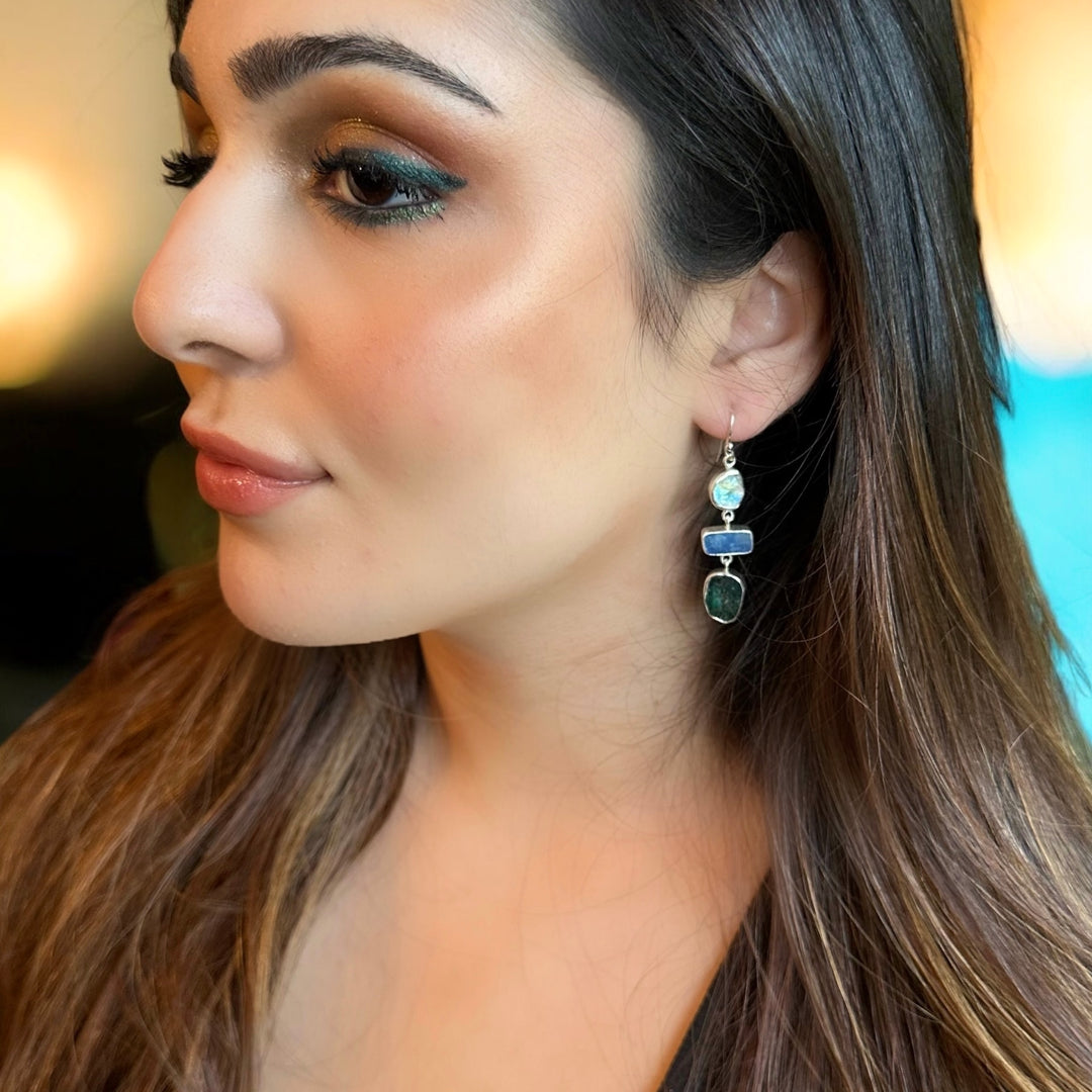 Ethnic Allure Three Stone Gold and Silver Earrings