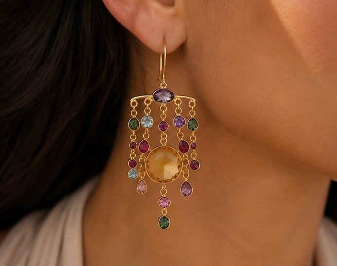 Zarif Natural Gemstone Chandelier Earrings