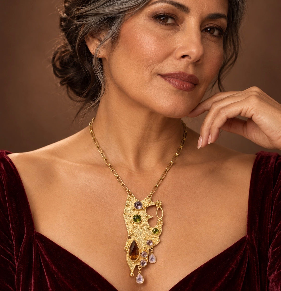 The Byzantine Empress 
Pink Quartz, Hydro Citrine and Peridot Necklace