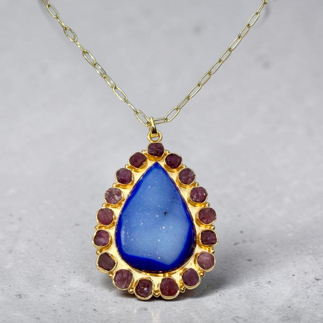 Solar Bloom Ocean Blue Agate Druzy & Amethyst Pendant Necklace