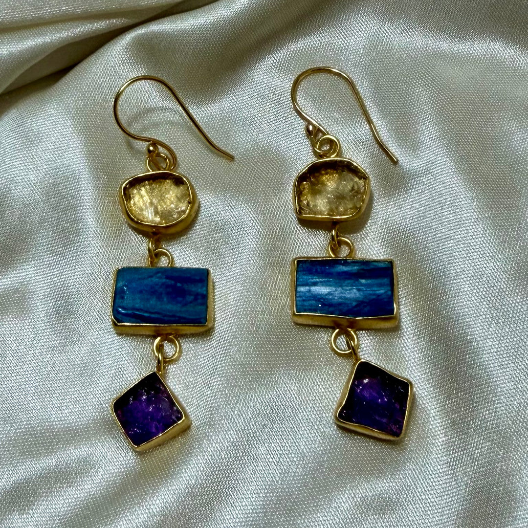 Three-Tier Crystal Earrings – Citrine, Kyanite & Amethyst