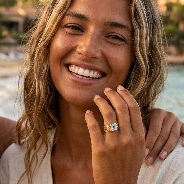 Aquamarine Statement Ring – Handmade Woven Chain 18K Gold Plated Sterling Silver