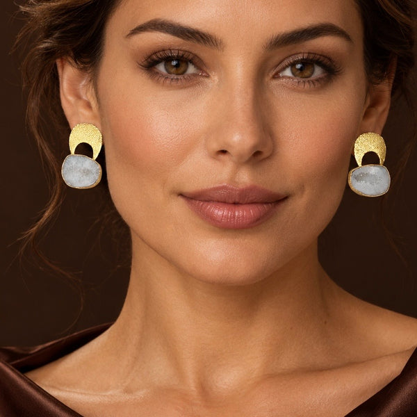 Temple White Agate Druzy Earrings