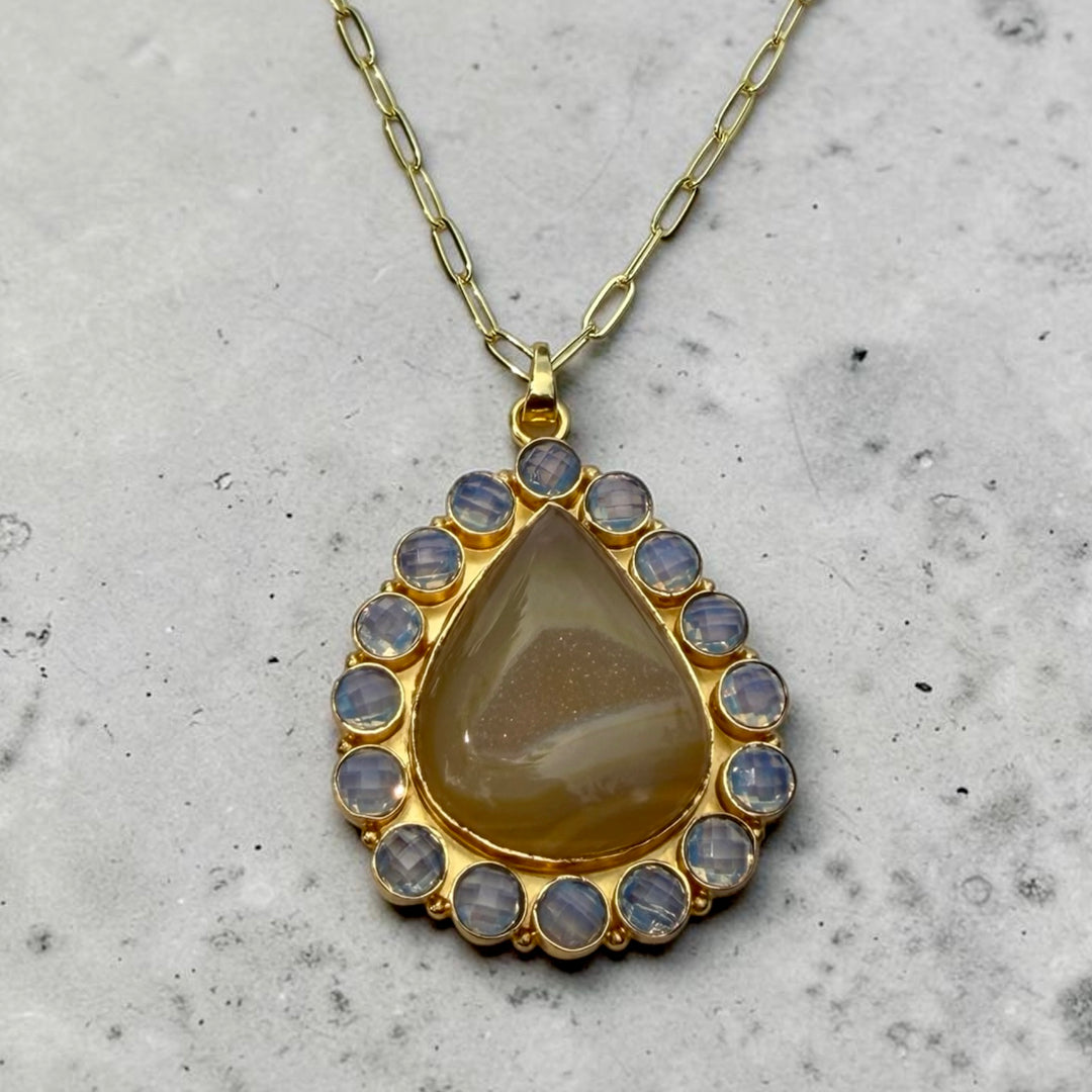 Solar Bloom Champagne Agate Druzy & Moonstone Pendant Necklace