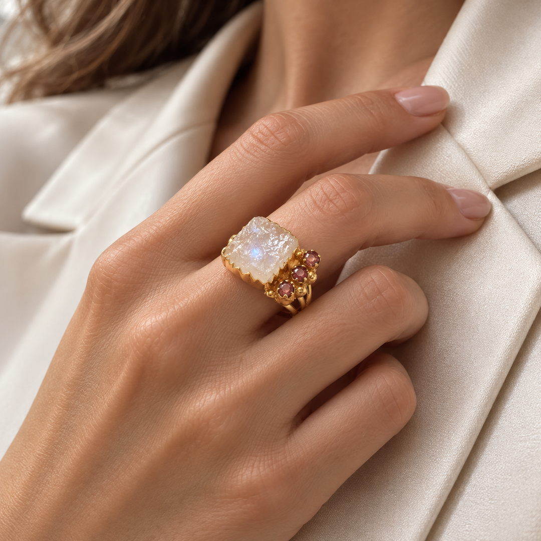 Moonlight Reverie Moonstone & Ruby Ring