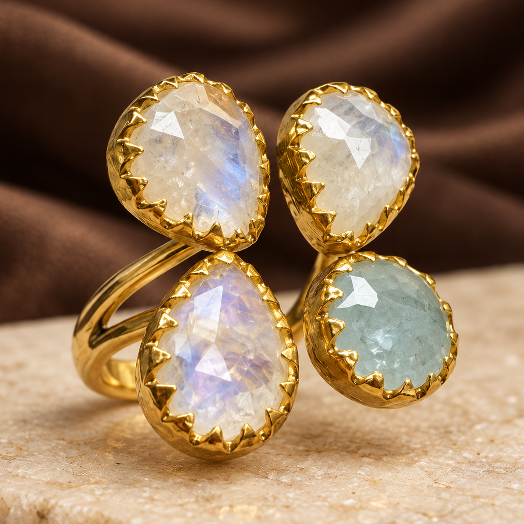 Lunar Butterfly Ring | Rainbow Moonstone & Aquamarine