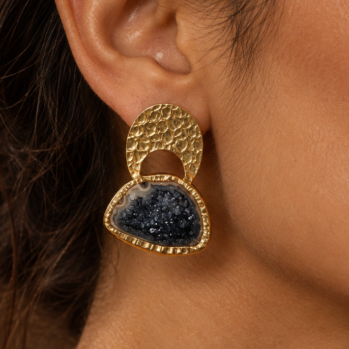 Byzantine Gold Hammered Agate Druzy Earrings | Black Agate