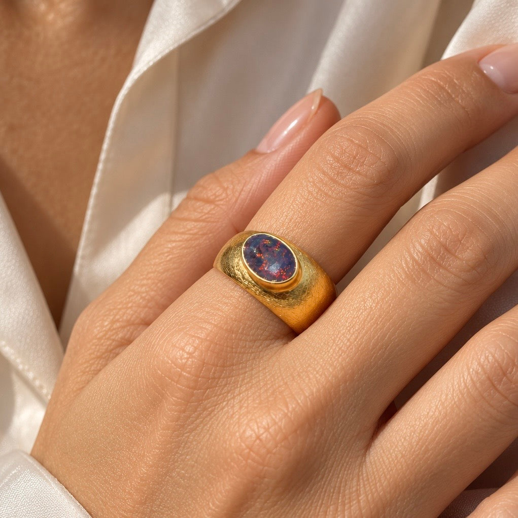 Sovereign Black Fire Opal Textured Gold Ring
