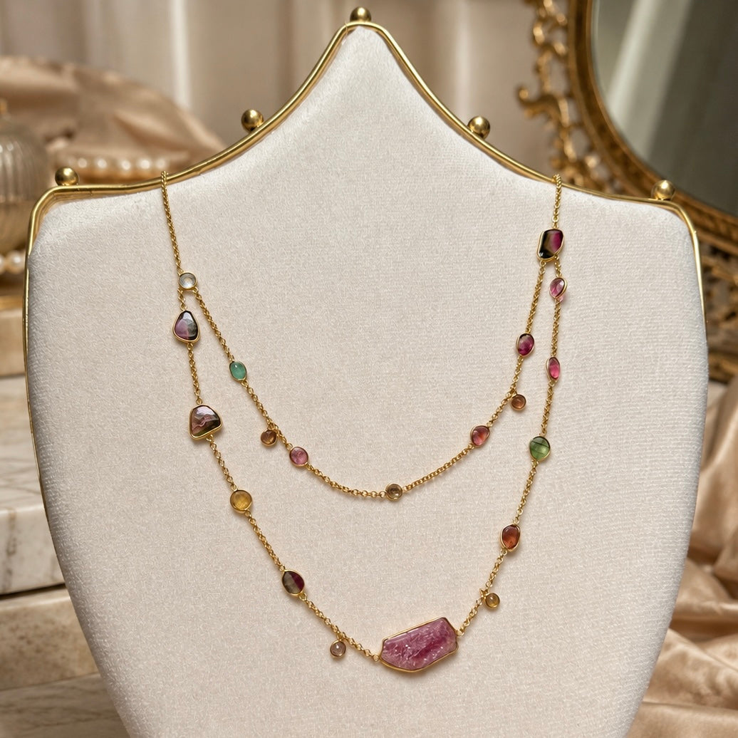 Zarif Watermelon Tourmaline Two Layer Necklace