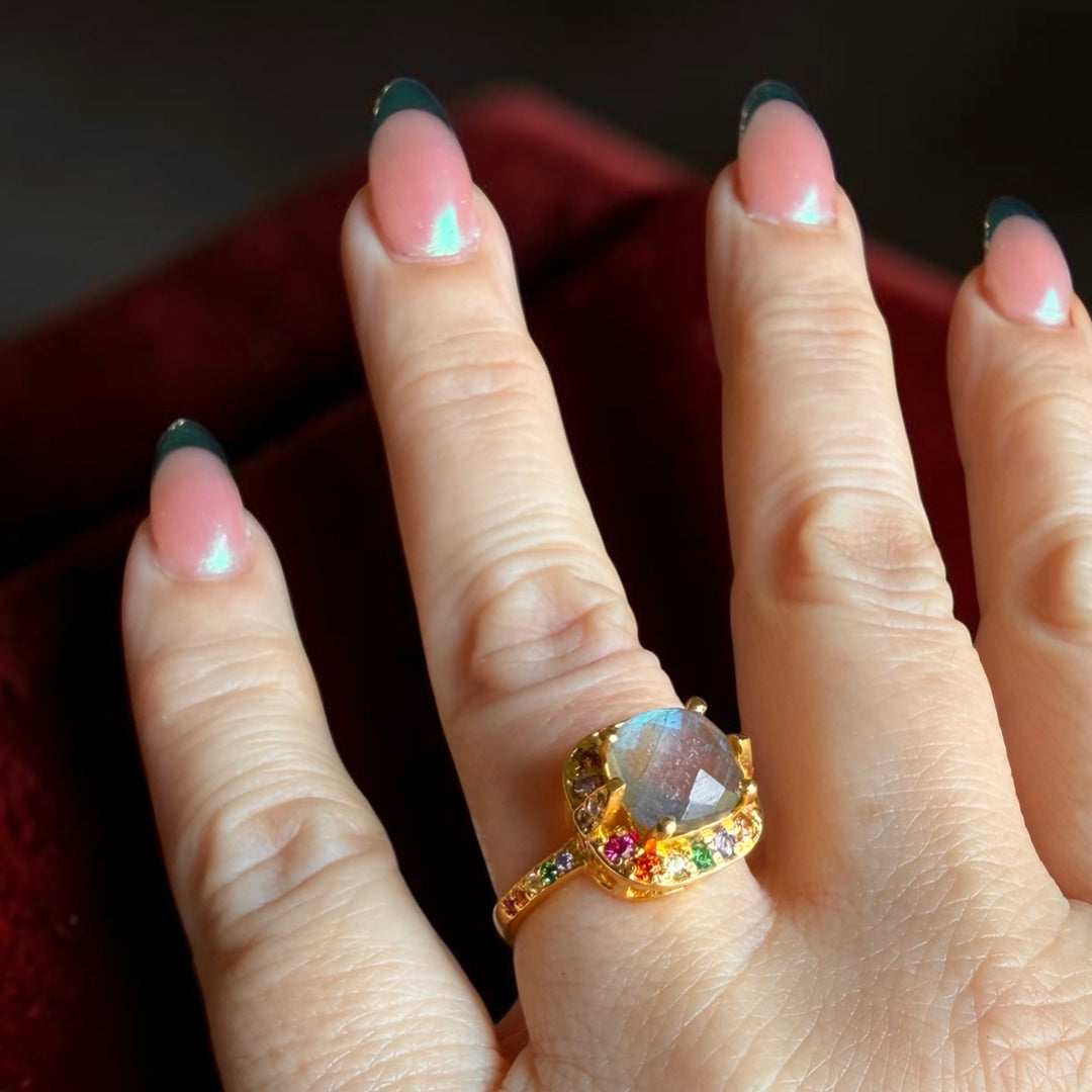 One-of-a-Kind Labradorite Treasure Box Ring – Gold Multicolour Gemstone Statement Ring