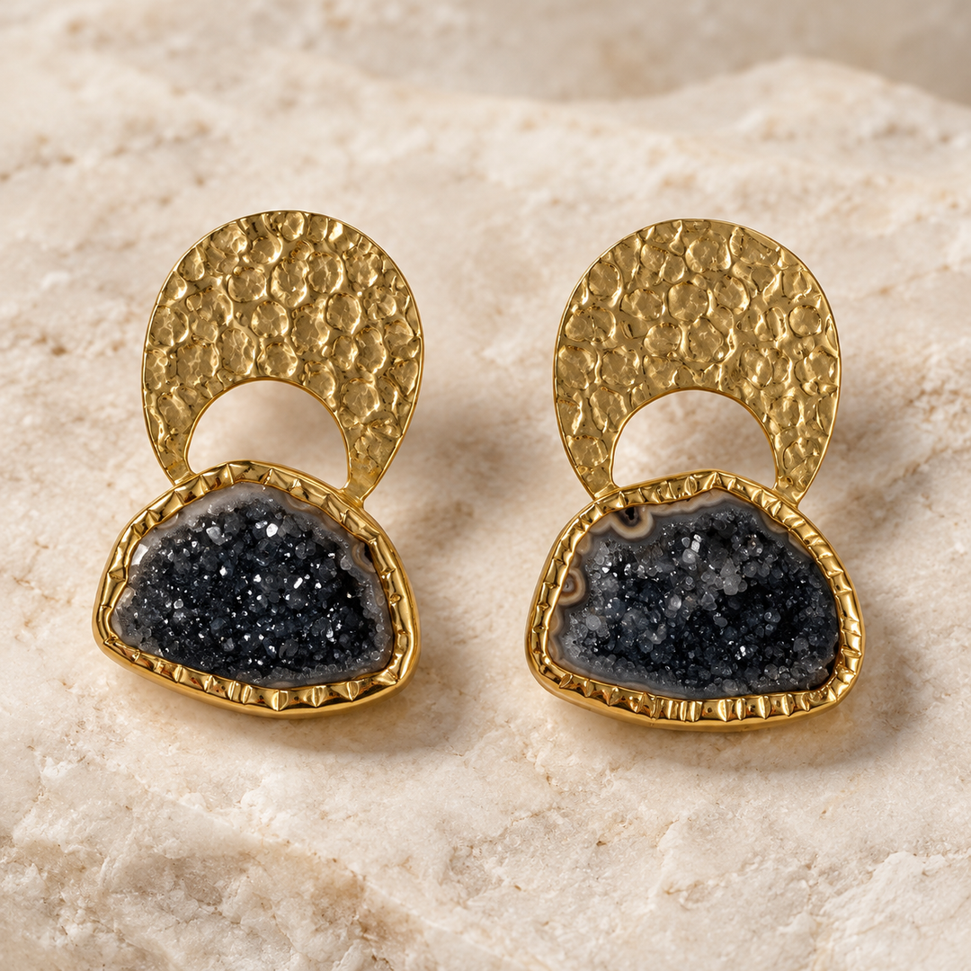 Byzantine Gold Hammered Agate Druzy Earrings | Black Agate