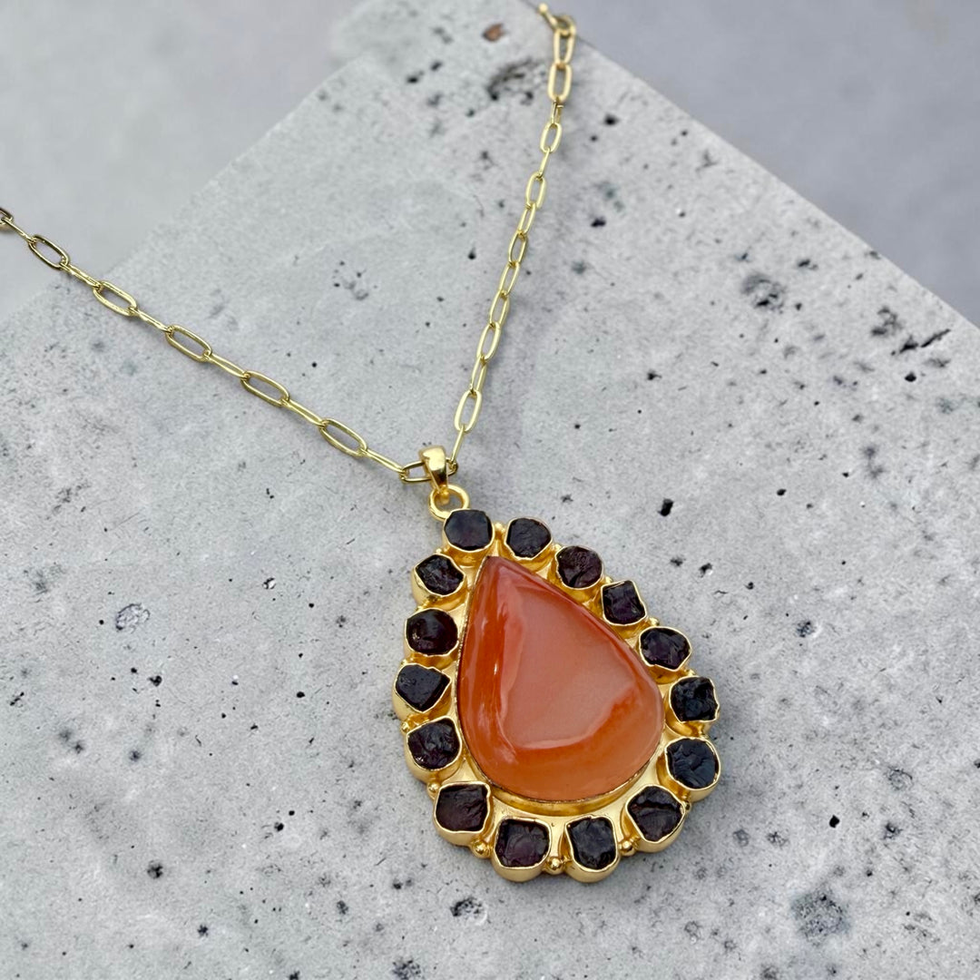 Solar Bloom Peach Agate Druzy & Garnet Statement Necklace