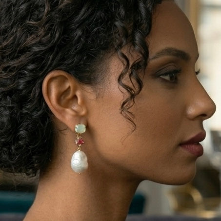 Fire Opal, Ruby & Baroque Pearl Drop Earrings – 18K Gold Plated Sterling Silver Statement Earrings