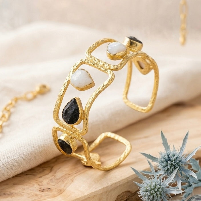 Gold Open Bangle with Moonstone & Black Obsidian – Adjustable Natural Stone Bracelet