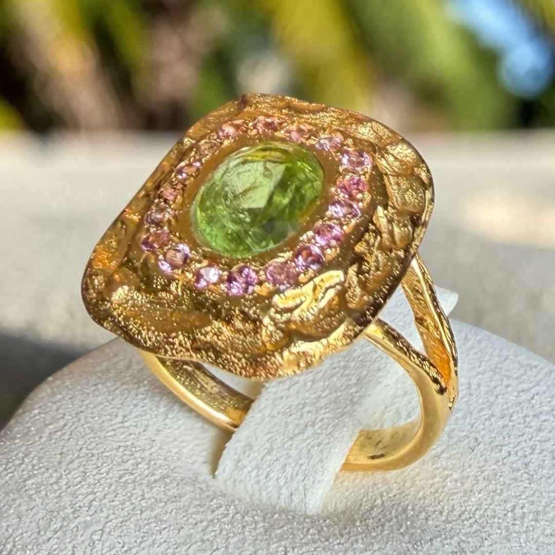 One-of-a-Kind Peridot & Ruby Halo Statement Ring – 18K Gold Plated Sterling Silver
