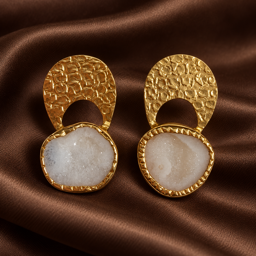 Byzantine Gold Hammered Agate Druzy Earrings | White Agate