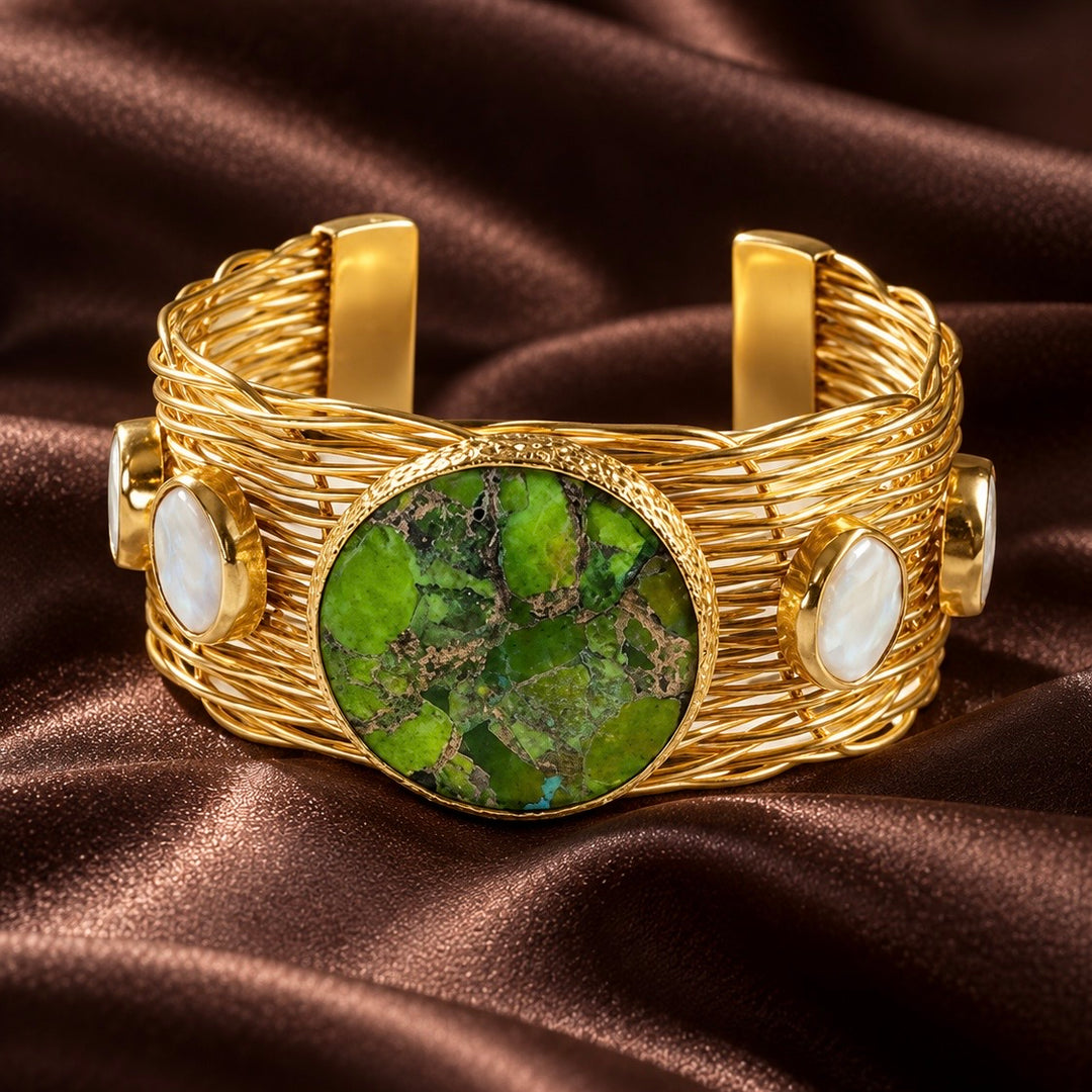 Gaia’s Embrace Peridot Mojave And Pearl Gold Bangle