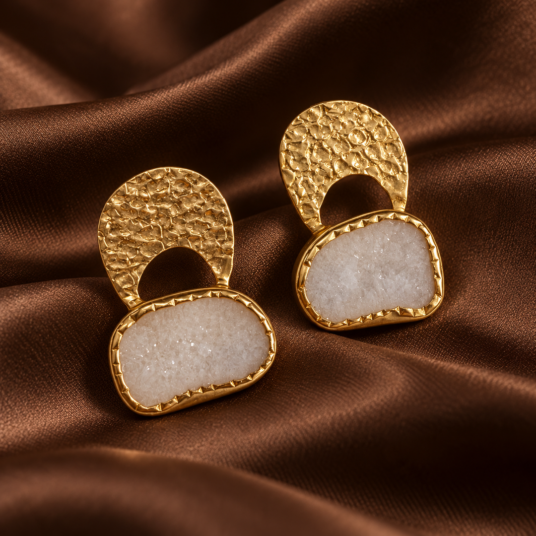 Byzantine Gold Hammered Agate Druzy Earrings | White Agate