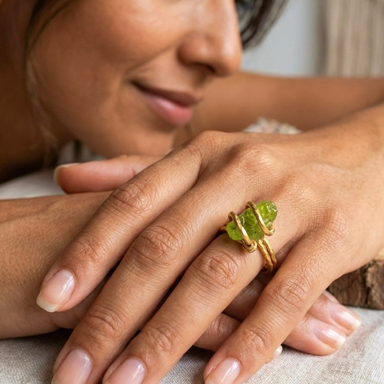 Raw Peridot Statement Ring – 18K Gold Plated Sterling Silver