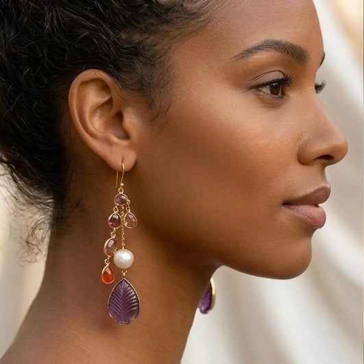 Colorful Natural Gemstone Earrings – Golden Cascade Tourmaline, Amethyst & Pearl