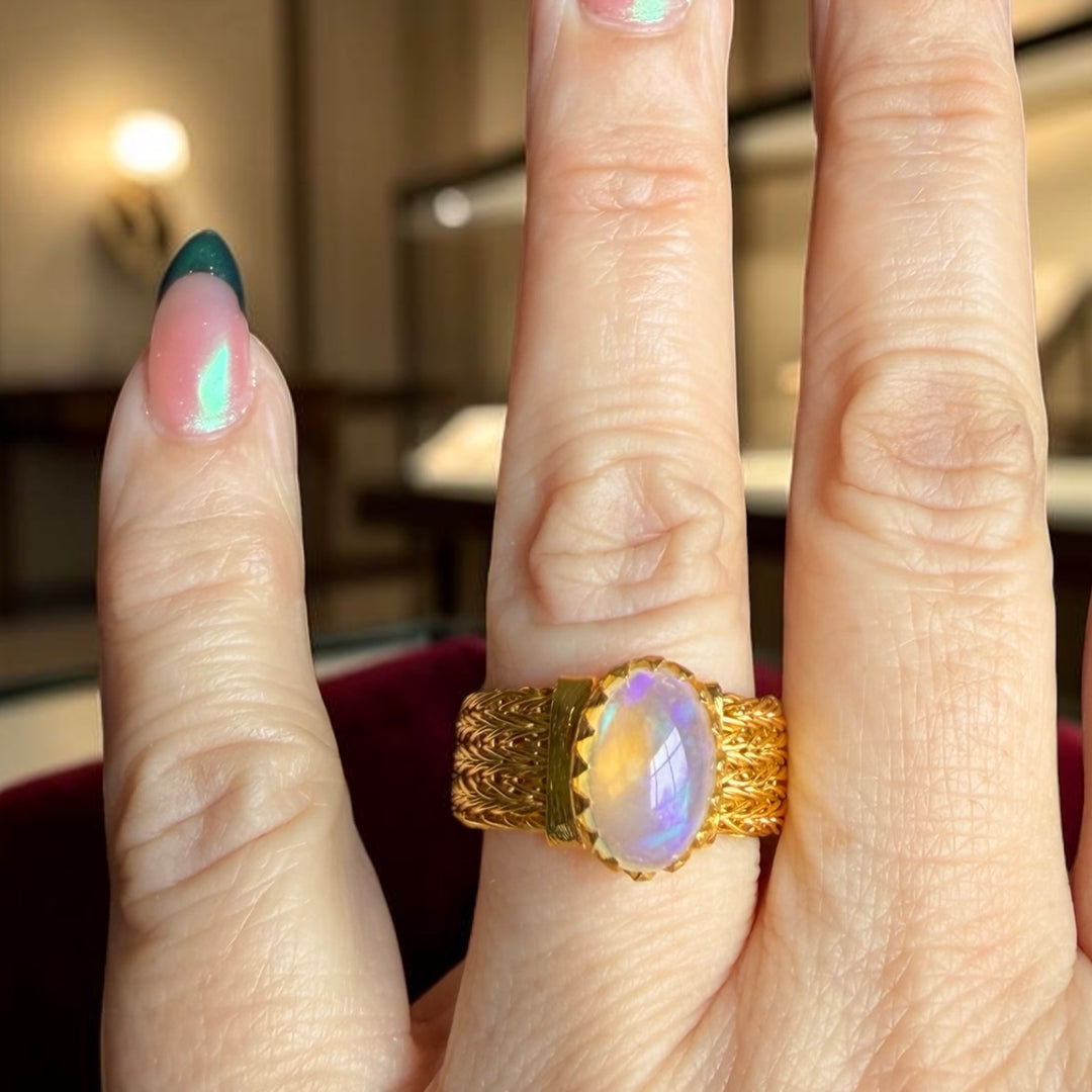 Fire Opal Statement Ring – Handmade Woven 18K Gold Plated Sterling Silver