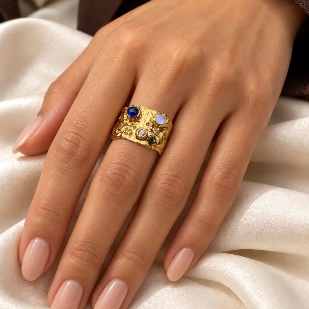 Golden Relic Ring | Blue Topaz, Emerald & White Topaz